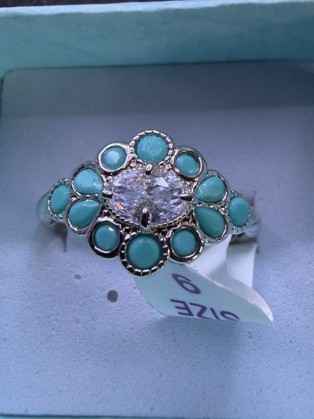 Turquoisee Floral Halo Ring with CZ Center Stone Rhodium plated 💎